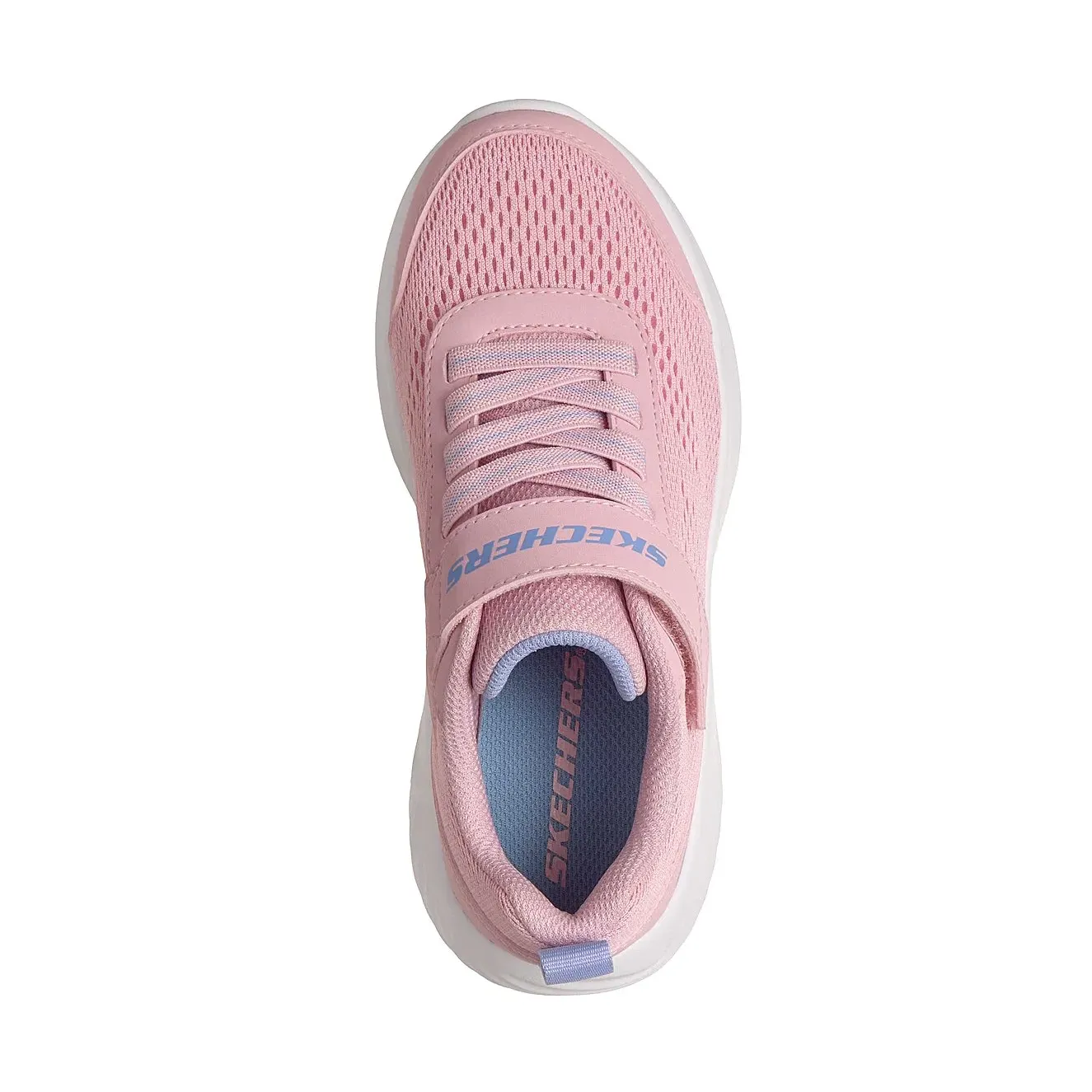 Tênis infantil rosa claro Skechers em vista frontal para ajuste e conforto